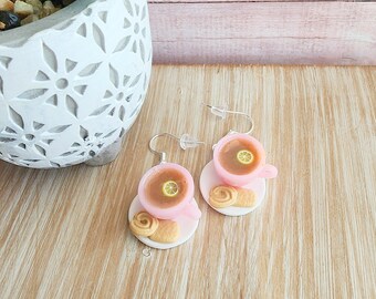 Tea Cup and Cookie Earrings | Handmade Polymer Clay Food Jewelry | Miniature Tea Party