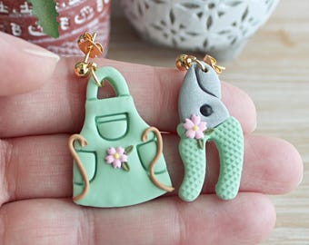 Gardening Earrings,Handmade Polymer Clay Jewelry, Apron and Clippers