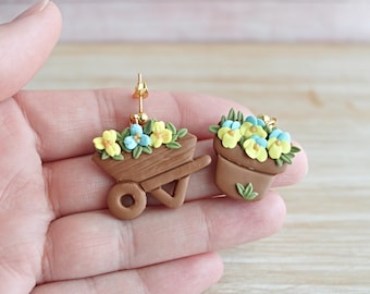 Flower Pot and Wheelbarrow Earrings,Gardening,Polymer Clay Jewelry