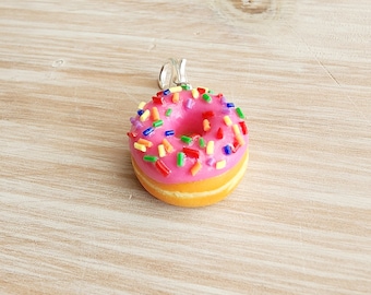 Handmade Polymer Clay Donut Charm: Pink Icing & Sprinkles