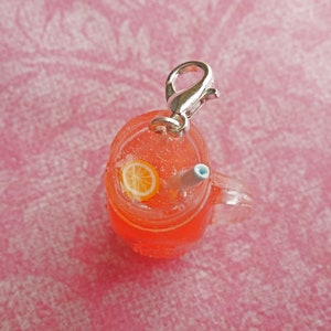May include: A red and orange plastic charm shaped like a mason jar with a straw and a lemon slice. The charm has a silver metal clasp.