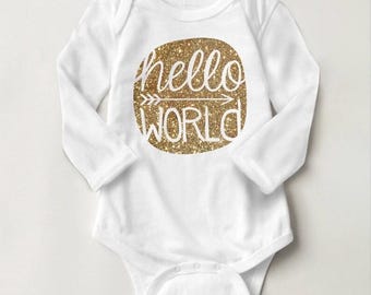 Body para bebé recién nacido con purpurina dorada "Hello World", conjunto para la salida del hospital, regalo personalizado para baby shower, ropa infantil unisex.