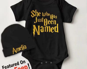 ORIGINAL She Who Has Just Been Named Newborn Baby Onesie®, Wizard, Unisex Infant Clothing, Personalized Baby Shower Gift, Gender Reveal