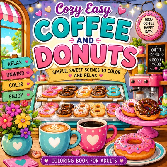 Cozy Coffee and Donuts Coloring Book Pages for Adults (PDF Download)