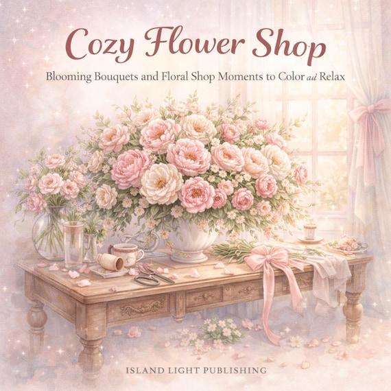 Cozy Flower Shop Coloring Pages for Adults, Floral Bouquet Garden Scenes (PDF Download)