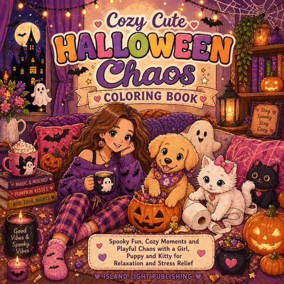 Cozy Halloween Coloring Book, Girl, Puppy, Kitten Designs (PDF Download)