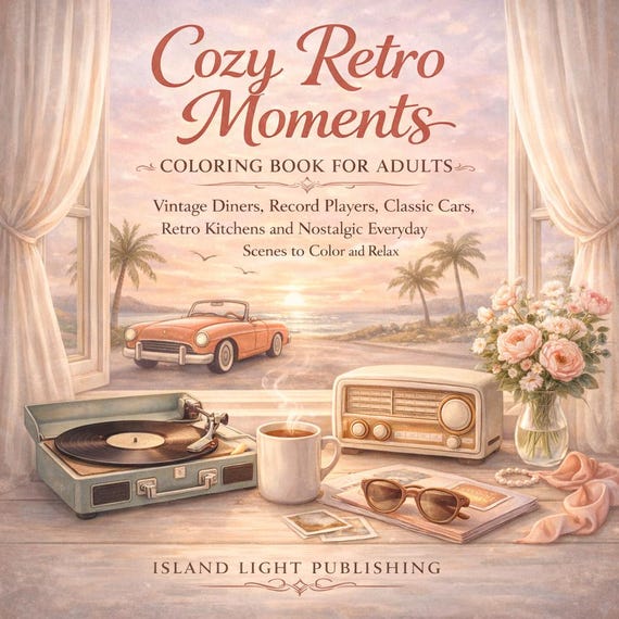 Cozy Retro Coloring Book, Vintage Nostalgic Scenes, Adults Relaxation (PDF Download)