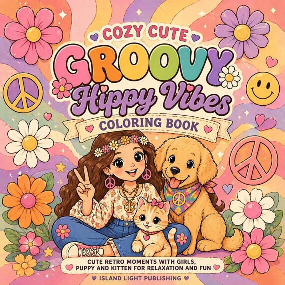 Groovy Hippy Coloring Book, Retro 70s Vibes, Girl, Puppy, Kitten (40 Pages PDF)