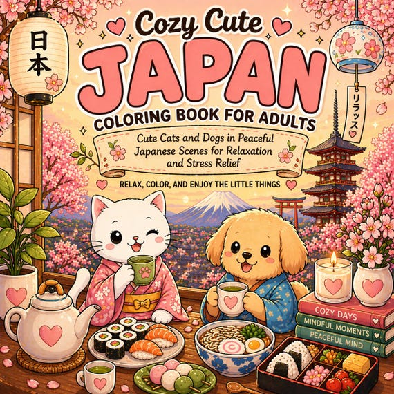 Cozy Japan Coloring Pages, Kawaii Cats Dogs, Japanese Art (PDF Files)