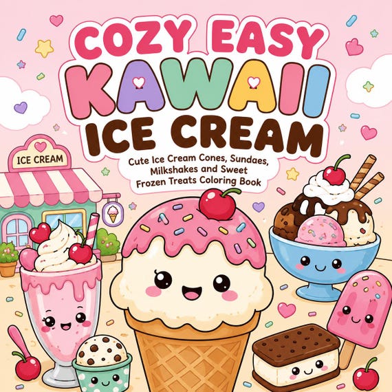 Kawaii Ice Cream Coloring Book | Frozen Treats, Cones, Sundaes (PDF Download)