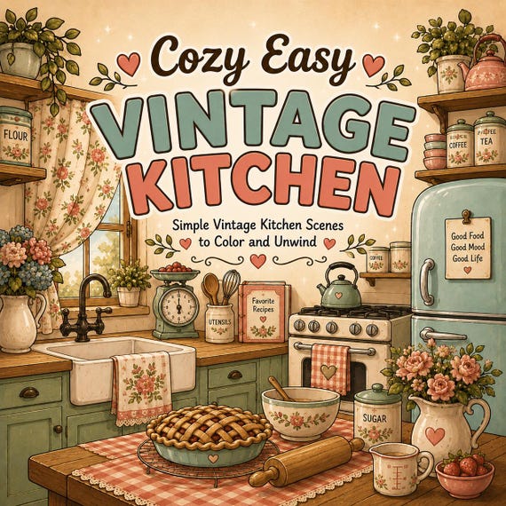 Cozy Vintage Kitchen Coloring Book | 40 Easy Relaxing Scenes (Digital Download)