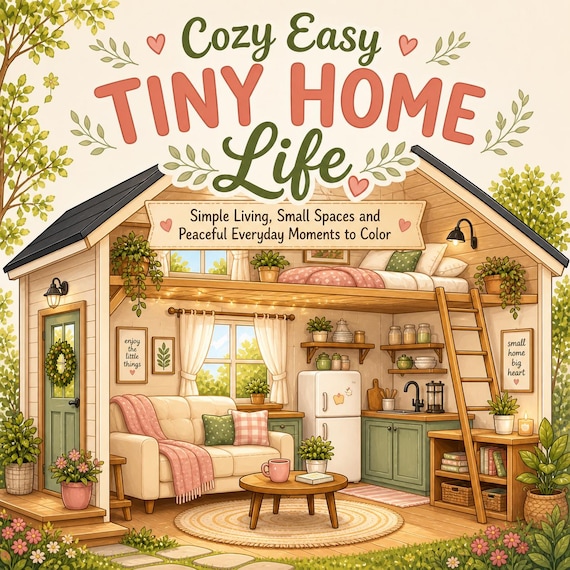 Tiny Home Coloring Book, Cozy Simple Living, Small Spaces, Peaceful Moments (PDF Download)