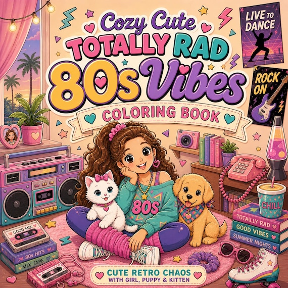 1980s Vibes Coloring Book, Retro Girl, Puppy, Kitten, Bold Lines (PDF)