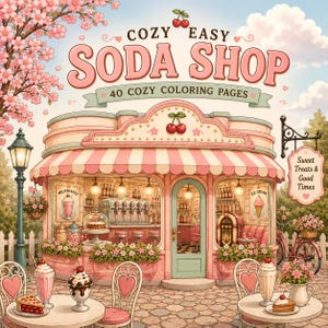 May include: A coloring book cover titled COZY EASY SODA SHOP 40 COZY COLORING PAGES featuring a pink and cream soda shop with a striped awning, cherry accents, a jukebox, milkshake illustrations, and a sign reading Sweet Treats & Good Times.