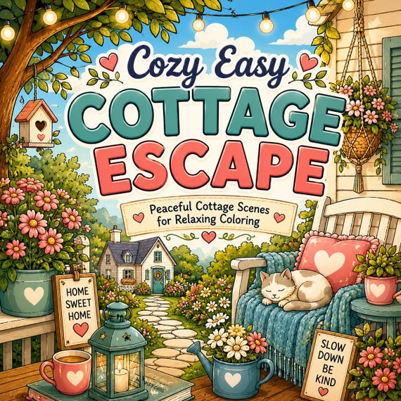 Cozy Cottage Escape Coloring Book | Peaceful Scenes, Bold Lines (Digital Download)
