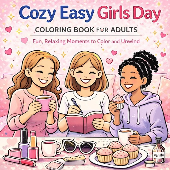 Cozy Girls Day Coloring Book – Easy Relaxing Scenes for Adults (PDF Download)