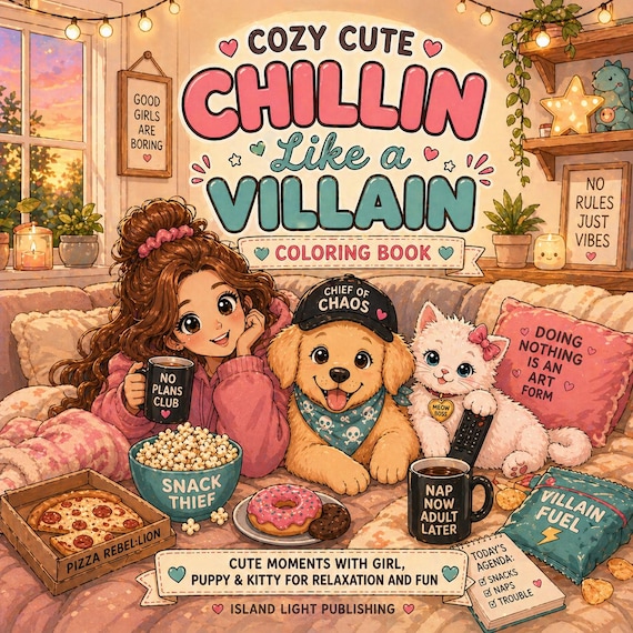 Chillin Like a Villain Coloring Book | Girl, Puppy, Kitty Relaxation Scenes (PDF)