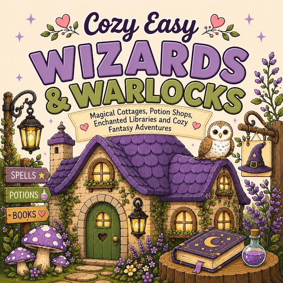 Cozy Easy Wizards & Warlocks Coloring Book | Fantasy Village Scenes (Digital Download)