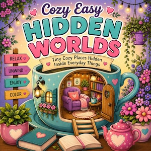 May include: A whimsical illustration featuring a large teacup with a cozy interior scene. The text "Cozy Easy HIDDEN WORLDS" is displayed above the teacup. Additional text reads "Tiny Cozy Places Hidden Inside Everyday Things". Colorful flowers and books surround the teacup.