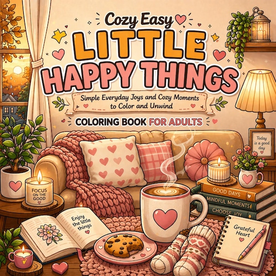 Cozy Little Happy Things Coloring Book, 40 Simple Bold Line Designs (PDF)