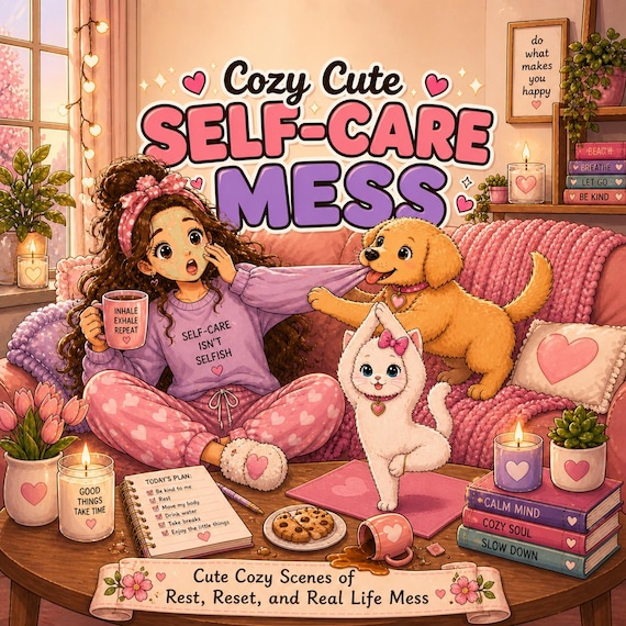 Cozy Coloring Book, Girl Puppy Kitty Scenes, Relaxing Self-Care (PDF)