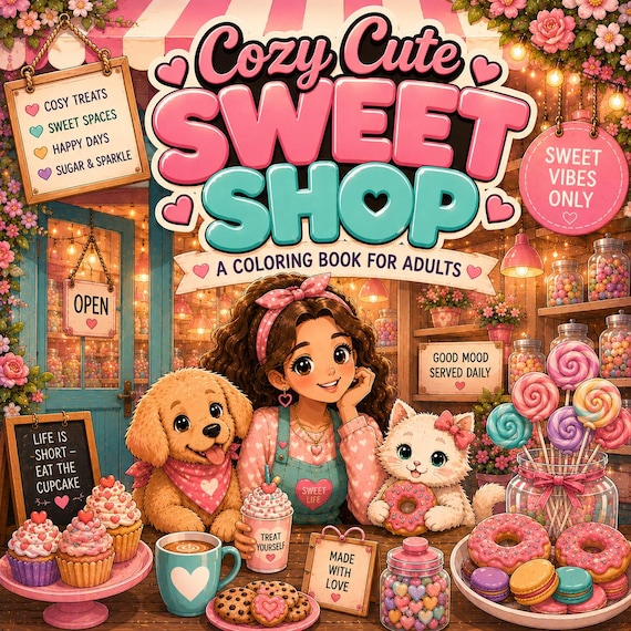 Cozy Sweet Shop Coloring Book | Dessert Cafe, Animals, Treats (PDF Download)