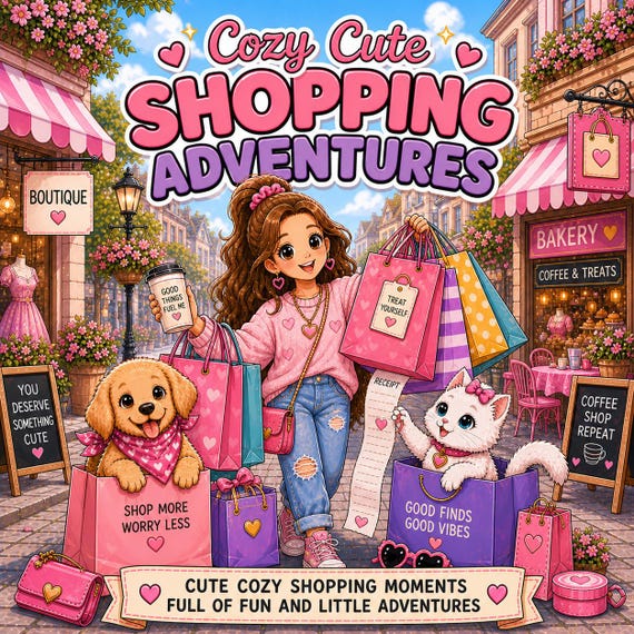 Cozy Shopping Adventures Coloring Book, Girl Puppy Kitten Scenes (PDF Download)