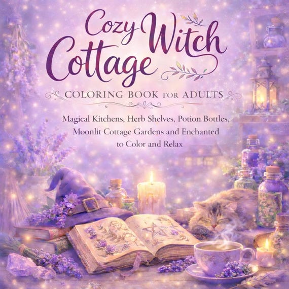 Cozy Witch Cottage Coloring Book for Adults, Magical Kitchens, Potion Bottles (PDF)