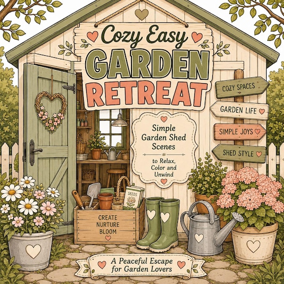 Cozy Garden Shed Coloring Book | Simple Relaxing Scenes (PDF Download)