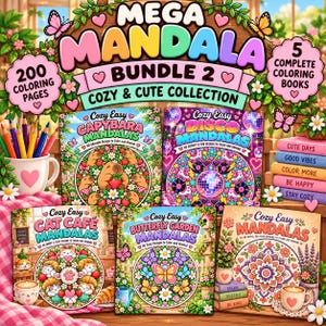 May include: A Mega Mandala Bundle 2 coloring book set featuring five books titled Capybara, Disco, Cat Café, Butterfly Garden, and Cozy Easy Mandalas. The collection includes 200 coloring pages, colorful pencils, and stacked books with text.