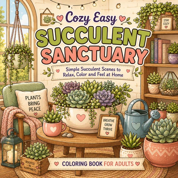 Cozy Succulent Sanctuary Coloring Book | Relaxing Plant Scenes for Adults (PDF Download)