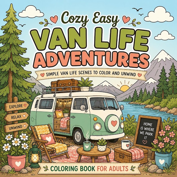 Cozy Van Life Adventures Coloring Book | Easy Bold Line Art Scenes (PDF Download)