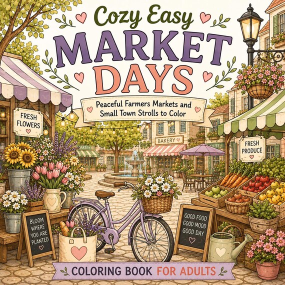 Cozy Market Days Coloring Book for Adults, Farmers Market Village Scenes (Digital Download)