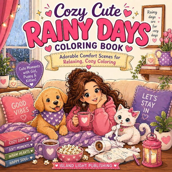 Rainy Days Coloring Book | Girl, Puppy, Kitten Comfort Scenes (PDF Download)