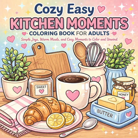 Cozy Kitchen Coloring Book for Adults, 40 Simple Scenes (PDF Download)