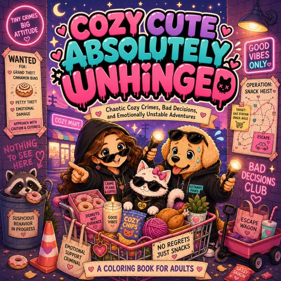 Cozy Unhinged Coloring Book | Chaotic Crimes, Funny Animals, Stress Relief (PDF Download)