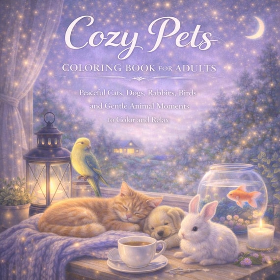 Cozy Pets Coloring Book for Adults – Peaceful Cats, Dogs, Rabbits, Birds (PDF Files)