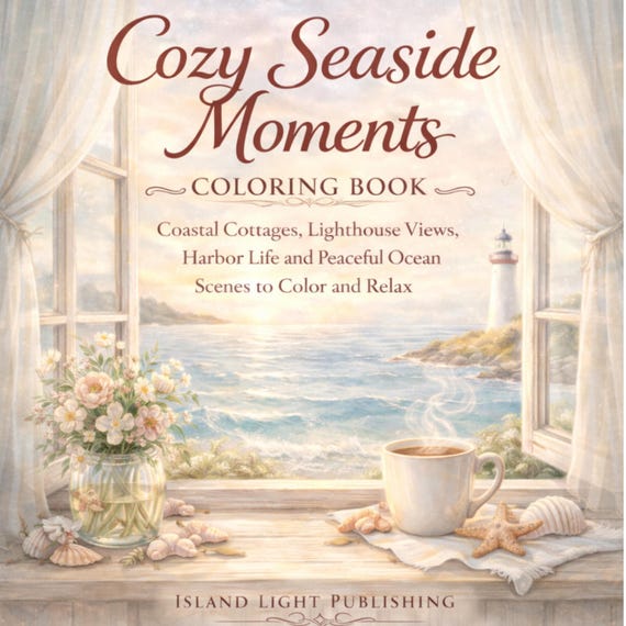 Seaside Coloring Book, Coastal Cottages, Lighthouse Views, Ocean Scenes (Instant Download PDF)