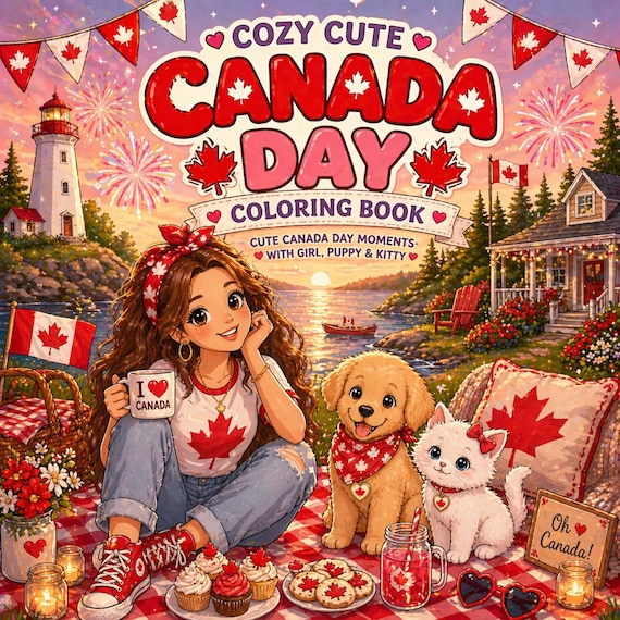 Canada Day Coloring Book, Girl Puppy Kitty Moments, 40 Relaxing Pages (Digital Download)