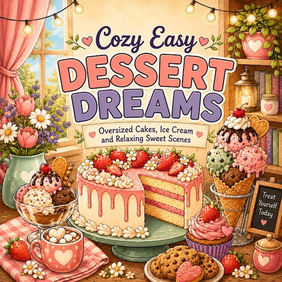 Cozy Dessert Dreams Coloring Book: Oversized Cakes, Ice Cream (PDF Download)