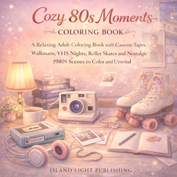 80s Coloring Book, Nostalgic Retro Scenes, Cassette Tapes, VHS, Roller Skates (Digital Download)