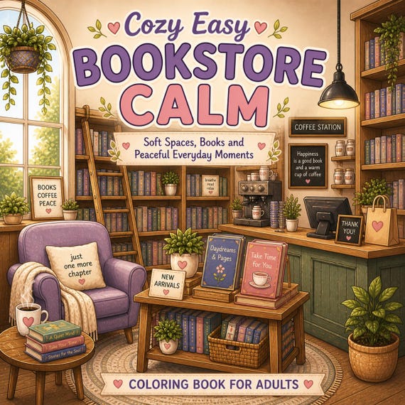 Cozy Bookstore Coloring Book for Adults, Relaxing Coffee Reading Scenes (PDF)