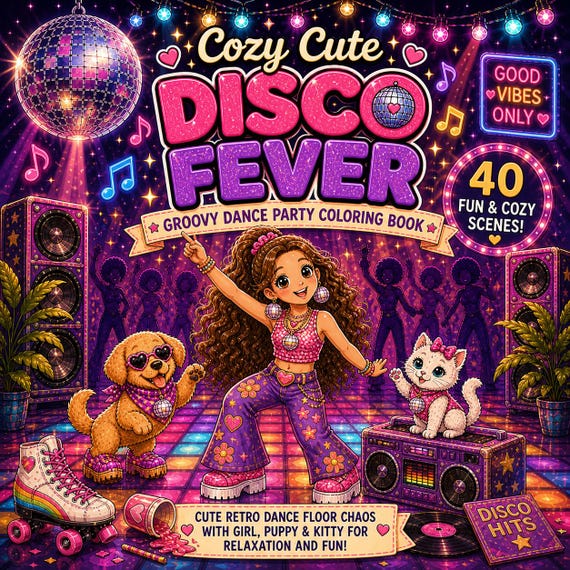 Retro Disco Fever Coloring Book, 40 Groovy Dance Scenes, Girl, Puppy, Kitty (PDF Download)