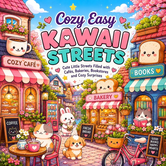 Cozy Kawaii Streets Coloring Book | Cafés, Bakeries, Bookstore Scenes (PDF Download)