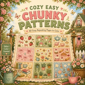 May include: A coloring book cover titled COZY EASY CHUNKY PATTERNS 40 Cozy Repeating Pages to Color. The illustration features a quilt with nine squares displaying various motifs like strawberries, mushrooms, teacups, bows, flowers, books, plants, and seashells, set in a garden.