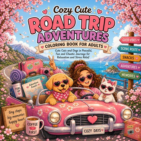 Road Trip Adventures Coloring Book: Girl, Puppy, Kitten Travel Scenes (PDF)
