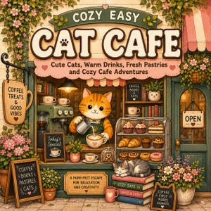 May include: A storefront illustration titled COZY EASY CAT CAFE featuring an orange tabby cat barista pouring latte art. The shop displays pastries, coffee equipment, books, and signs reading COFFEE TREATS & GOOD VIBES and OPEN, surrounded by pink flowers.