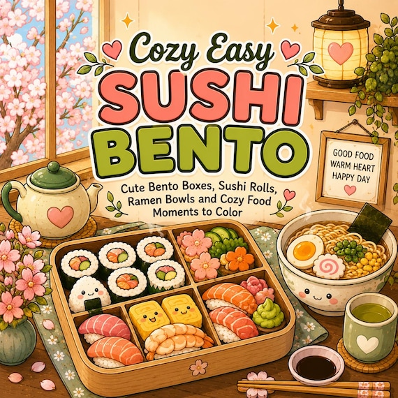 Sushi Bento Coloring Book, Bento Boxes, Ramen Bowls, Japanese Food Pages (PDF)