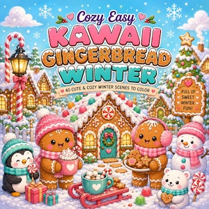 May include: A coloring book cover titled Cozy Easy Kawaii Gingerbread Winter featuring a gingerbread house, gingerbread characters, a penguin, a snowman, and a polar bear in a snowy landscape with candy canes, gifts, and a street lamp.