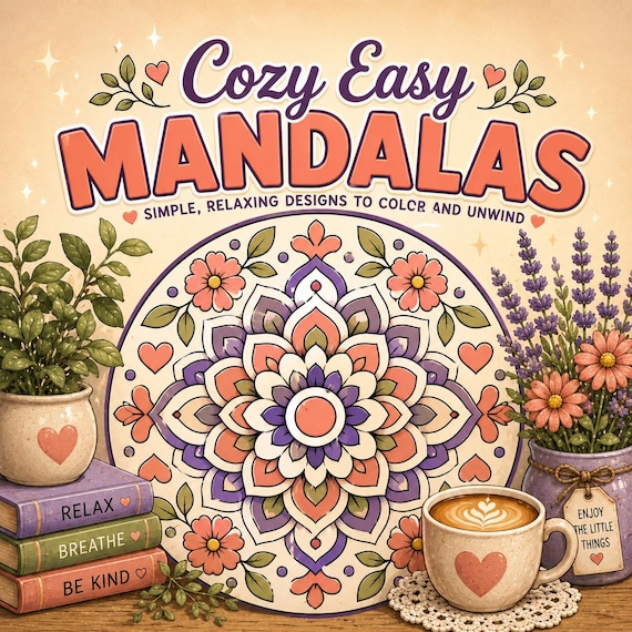 Cozy Easy Mandala Coloring Pages: 40 Simple Relaxing Designs (Digital Download)